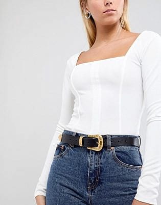 Asos Design Leather Western Tipped Waist And Hip Belt In Old Gold