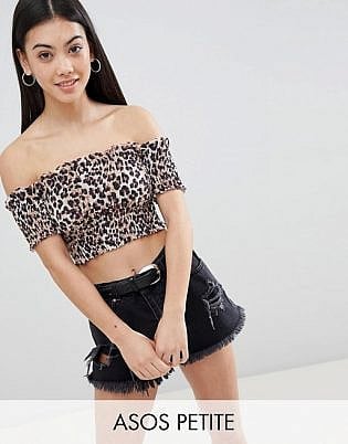 Asos Design Petite Leopard Shirred Bardot Crop Top