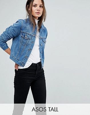 blue denim shirt and black jeans