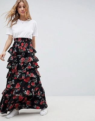 Asos Design Shirred Waist Tiered Maxi Skirt In Rose Floral Print
