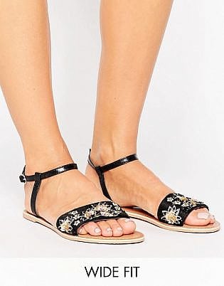 Asos Fizzy Wide Fit Leather Embellished Flat Sandals