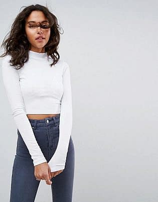 Asos Long Sleeve High Neck Crop Top In Rib