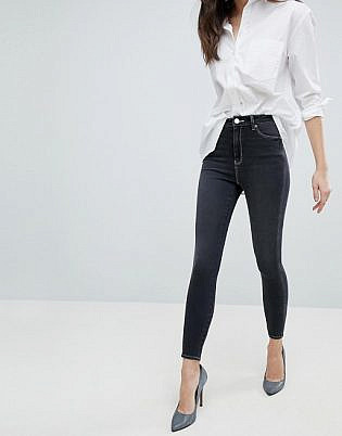 Asos Ridley High Waist Skinny Jeans In Washed Black With Twisted Seam And Contrast Stitch