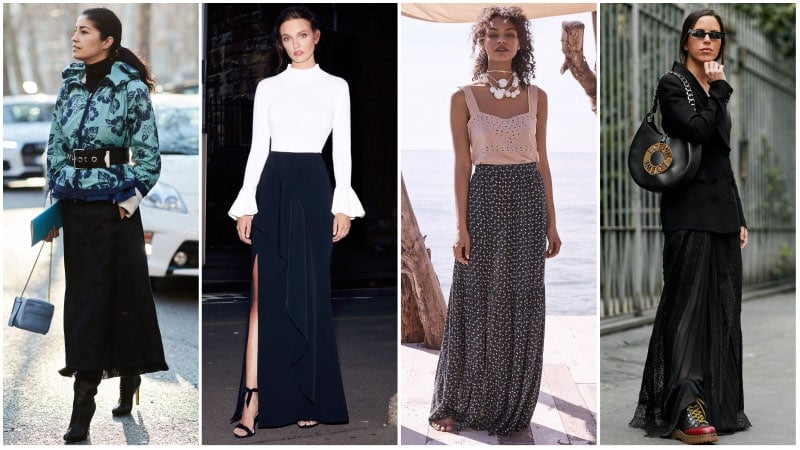 outfits with black maxi skirt