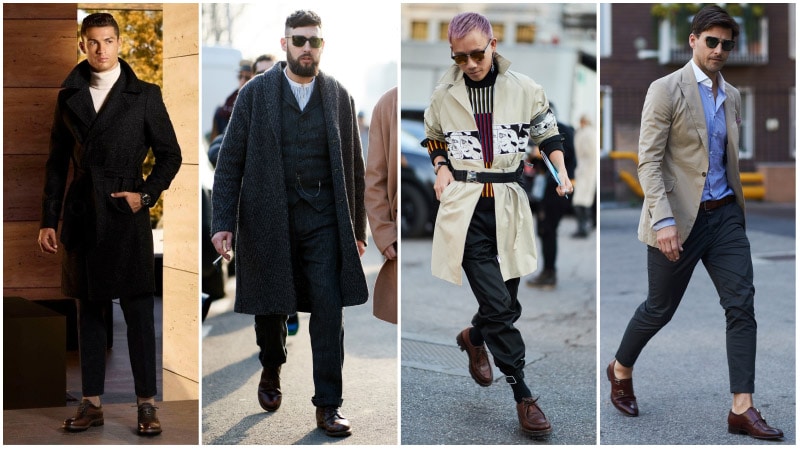 brown shoes with black pants