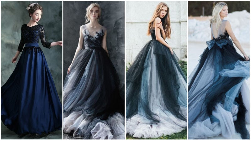 dark blue and white wedding dresses