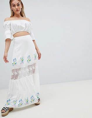 Boohoo Embroidered Lace Insert Tiered Maxi Skirt