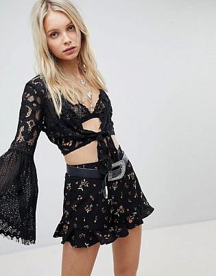 Kiss The Sky Tie Front Crop Top In Crochet Lace