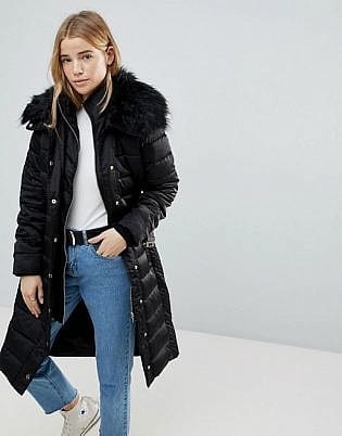 Miss Selfridge Faux Fur Collar Longline Padded Coat