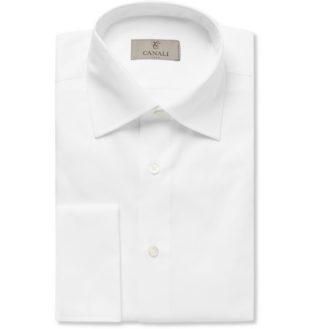 White Slim Fit Double Cuff Cotton Twill Shirt