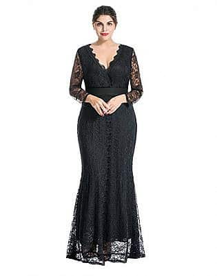 Myfeel Women Plus Size Maxi Length Sleeves Lace Dress Event Gowns