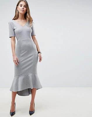 Asos Design Pep Hem Midi Dress With V Neck And Pockets