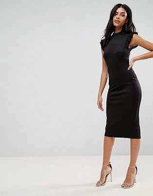 Asos Midi High Neck Pencil Dress With Cut Out Back And Shoulder Detail