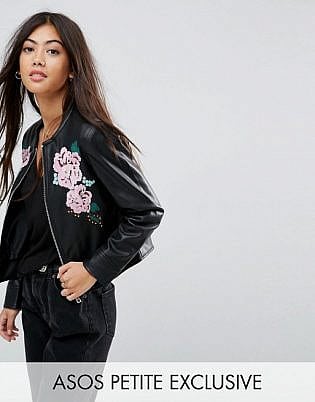 Asos Petite Leather Look Jacket With Embroidery Detail