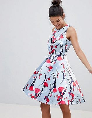 Closet London Premium Prom Sateen Skater Dress In Floral Fan Print