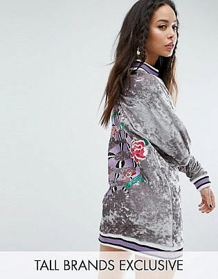 Jaded London Tall Oversized Embroidered Velvet Jumper Dress With Rib Detail