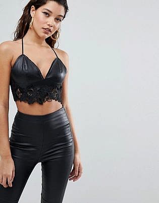 Parallel Lines Bralette In Faux Leather With Lace Trim