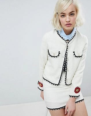 Sister Jane Cropped Tailored Jacket With Pearl Trims In Tweed Co Ord