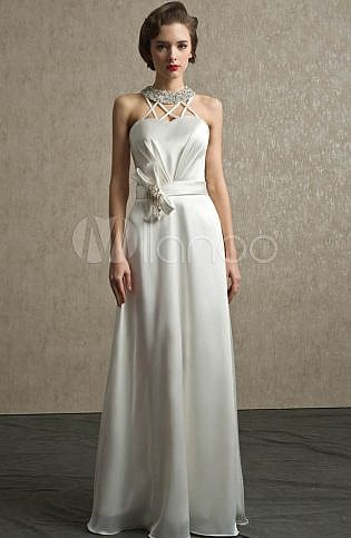 A Line Rhinestone Floor Length Ivory Bridal Wedding Dress With Halter Neck