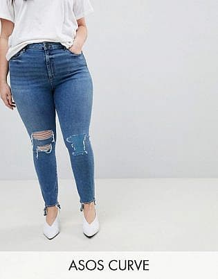 Asos Design Curve Ridley High Waist Skinny Jeans In Tana Extreme Mid Wash With Busted Knee And Rip & Repair Detail