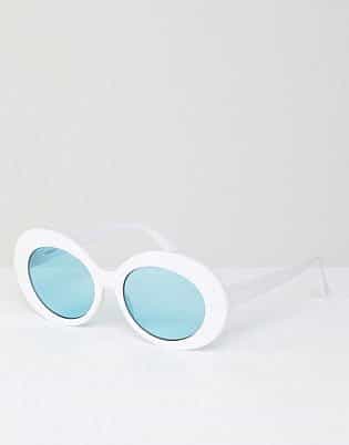 Asos Design Oval Fashion Sunglasses In White With Aqua Coloured Lens