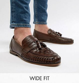 Asos Design Wide Fit Loafers In Woven Tan Leather With Tassel Detail