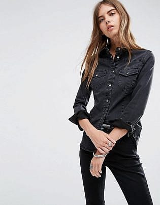 Asos Design Denim Fitted Western Shirt In Washed Black