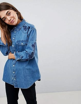 Asos Design Denim Western Shirt With Embroidery