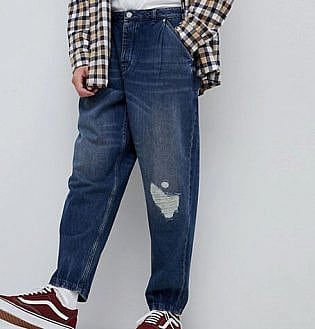 Asos Oversized Jeans In Dark Wash Vintage With Rip & Repair