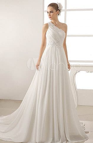 one shoulder chiffon wedding dress