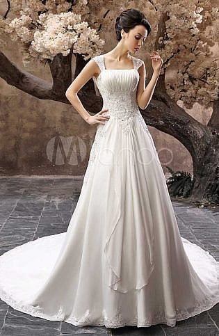 Chapel Train White A Line Ruched Bridal Wedding Gown With Square Neck