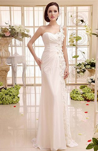 Chiffon One Shoulder Court Train Ivory Wedding Dress For Bride Milanoo