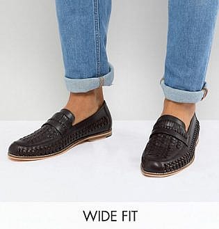 Frank Wright Wide Fit Woven Loafers In Brown Leather