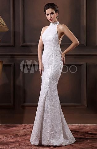 Glamorous White Sequined Halter Sequin Mermaid Wedding Dress For Bride Milanoo