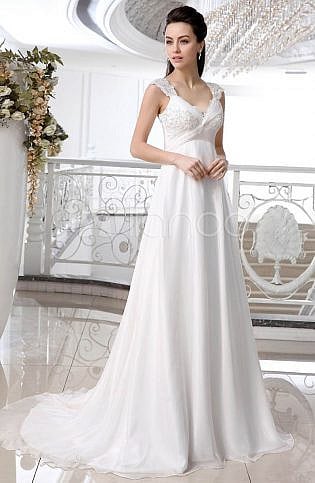 Ivory Chiffon Lace V Neck Empire Waist Wedding Dress