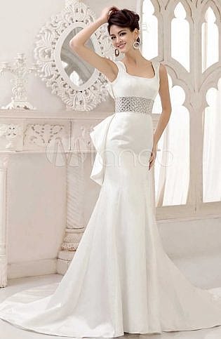Ivory Satin Square Neck Mermaid Trumpet Wedding Dress Milanoo
