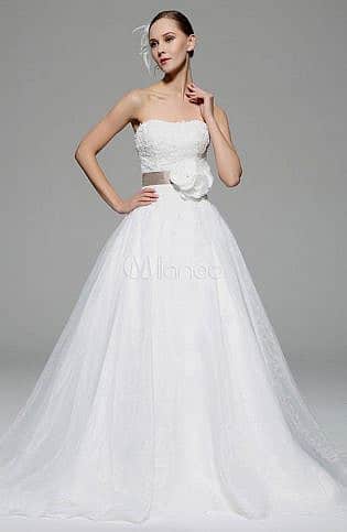Ivory Wedding Dress Strapless Sash Flowers Taffeta Organza Wedding Gown