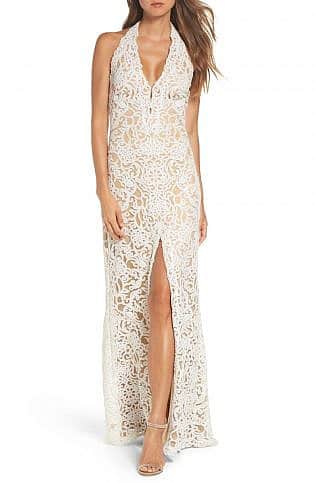 Lace Front Slit Halter Gown