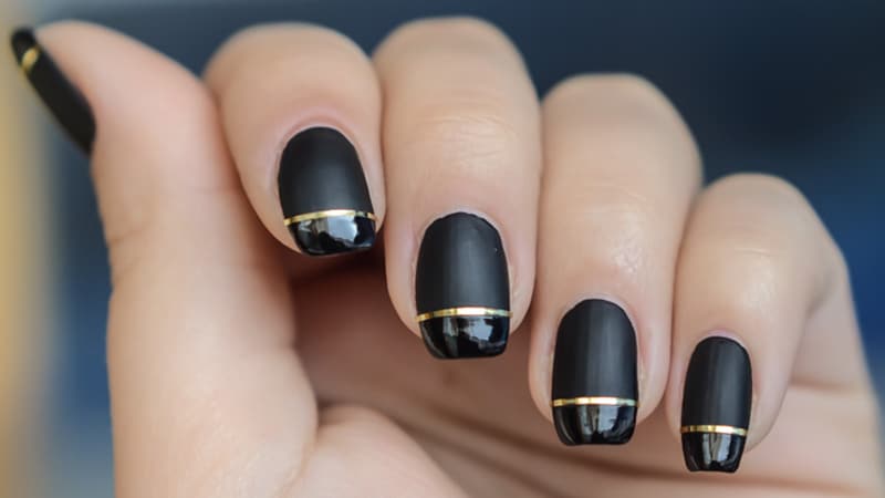 Matte Black Nails With Gold