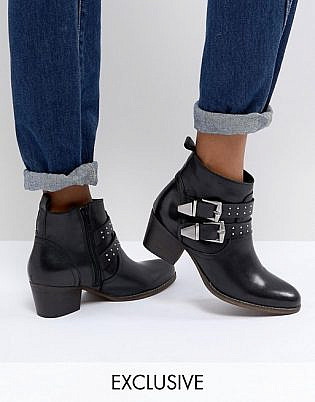 Office Alexia Black Leather Western Ankle Boots
