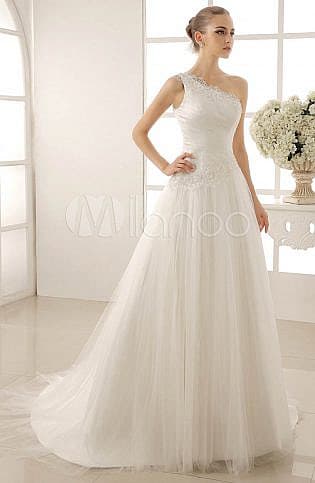 One Shoulder Wedding Dress With Sequined Tulle