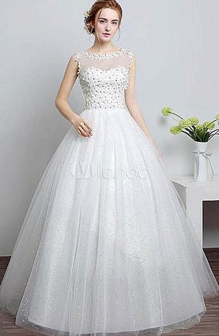 Princess Wedding Dress Ivory Sweetheart Illusion Neckline Cut Out Floor Length Bridal Dress With Rhinestone Flowers