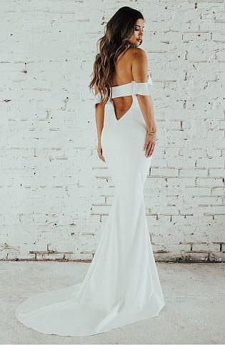 Ruffled Off The Shoulder Crepe Mermaid Gown