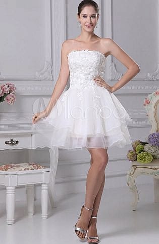 Short Cocktail Dresss A Line Lace Strapless Organza Tiered Homecoming Dress