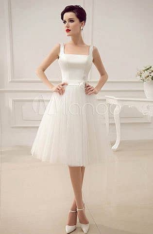 Square Neck Applique Satin Short Wedding Dress With Beading Bow Sash Milanoo