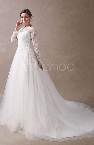 Wedding Dresses Princess Ball Gowns Ivory Long Sleeve Lace Applique Beading Chapel Train Bridal Dress