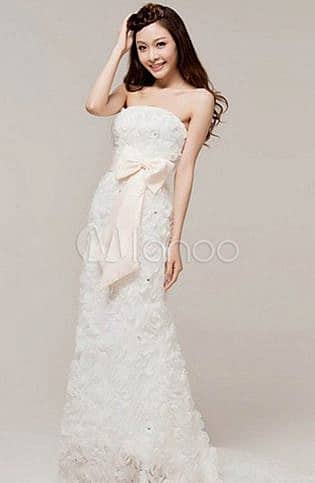 White Sheath Strapless Floral Bow Organza Wedding Dress For Bride