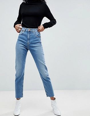 Asos Design Farleigh High Waist Slim Mom Jeans In Pretty Bright Mid Wash
