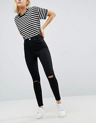 Asos Design Ridley High Waist Skinny Jeans In Clean Black With Ripped Knees
