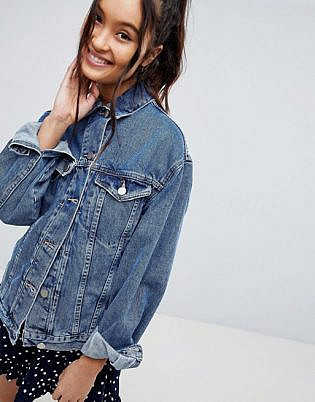 Asos Design Denim Girlfriend Jacket In Midwash Blue